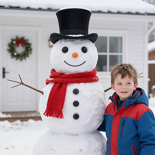 Snowman with Boy in Winter Jacket