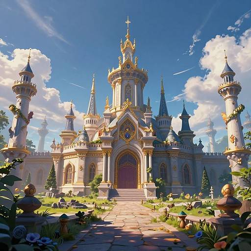 Digital art of a grand, golden castle with multiple turrets and spires, surrounded by lush gardens, under a bright blue sky.
