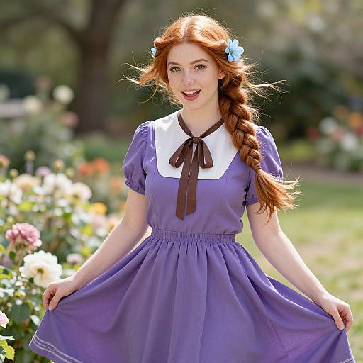Photograph of a smiling red-haired woman with a braided ponytail, wearing a purple dress with a white collar and brown ribbon, in a sun
