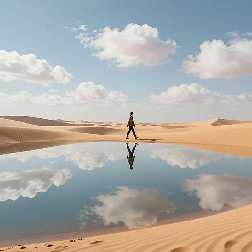 Silhouetted figure walking across sunlit desert sands with a reflective water puddle mirroring the blue sky and fluffy clouds.