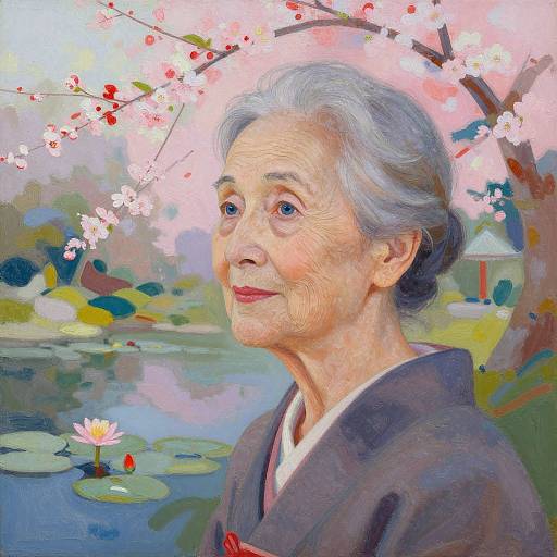 Digital painting of an elderly Asian woman with white hair, wearing a dark kimono, standing by a serene cherry blossom tree and pond.