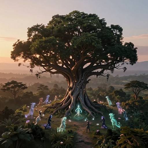 Digital fantasy artwork of glowing, ethereal creatures surrounding a massive, ancient tree at sunset in a lush, misty forest.