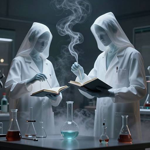 Photograph of two ghostly, hooded female scientists in white lab coats, smoking beakers, surrounded by scientific glassware, under blue light.