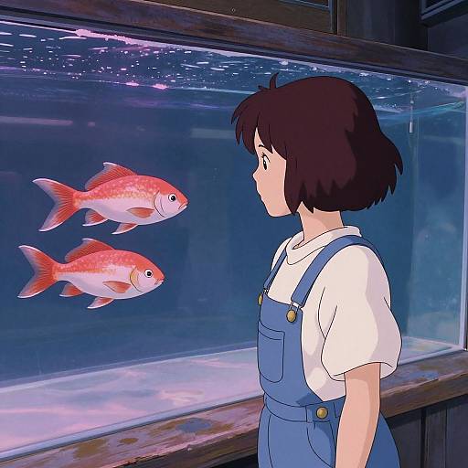Anime-style drawing of a brown-haired girl in blue overalls and white shirt, gazing at two red-orange koi fish in a glass tank.