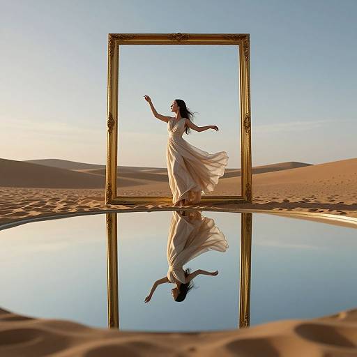 Silhouetted woman in flowing white dress, posed within a golden frame, reflects in a desert pool, under clear sky.