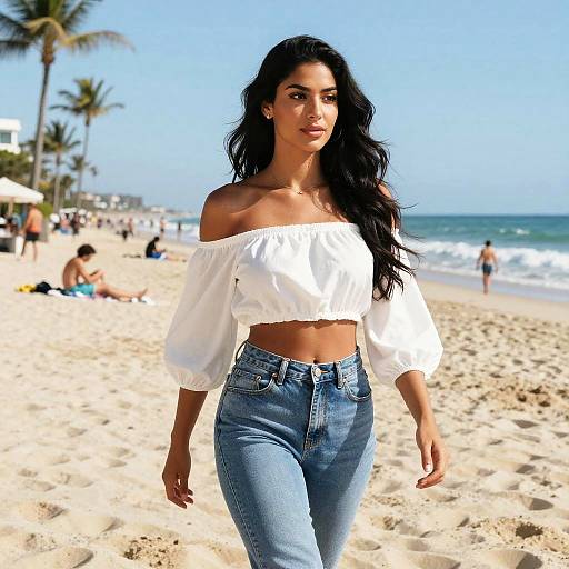 Photograph of a beautiful woman with long black hair, wearing an off-shoulder white crop top and high-waisted blue jeans, walking on