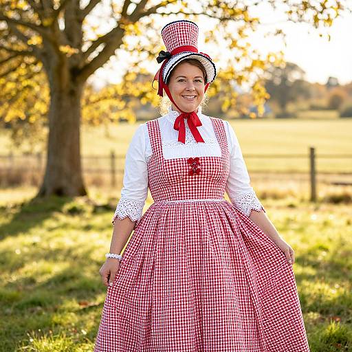 Photograph of a smiling woman in a red and white gingham dress and hat, standing in a sunlit autumn field.