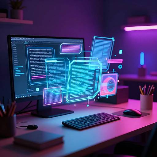 Neon-lit digital interface on a modern desk with a keyboard, mouse, and potted plants, illuminated by pink and blue lights. Photographic