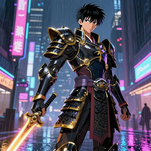 Anime-style digital artwork of a black-haired, armored male warrior with glowing sword, standing in a neon-lit, rainy city street.