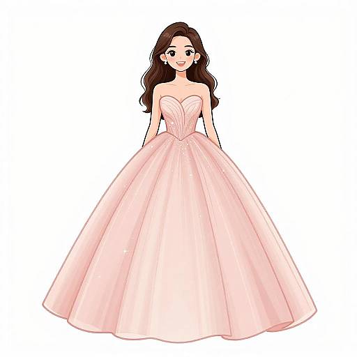 Digital illustration of a young woman with long brown hair, wearing a strapless, pink, ball gown with a sweetheart neckline and a voluminous skirt.