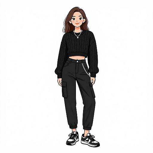 Digital drawing of a young woman with long brown hair, wearing a black crop top, high-waisted black pants, and black sneakers, standing against