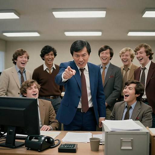 Dynamic 1970s Office Scene with Colleagues