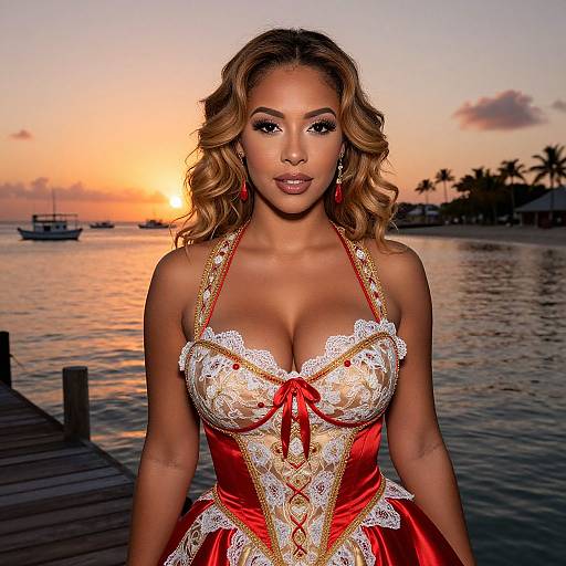 Photograph of a beautiful woman with light brown skin, curly blonde hair, wearing a red and white lace corset with red ribbon, standing on a