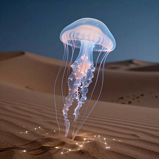 Photograph of a glowing, translucent jellyfish with long, trailing tentacles floating over a sandy desert under a dark blue night sky.
