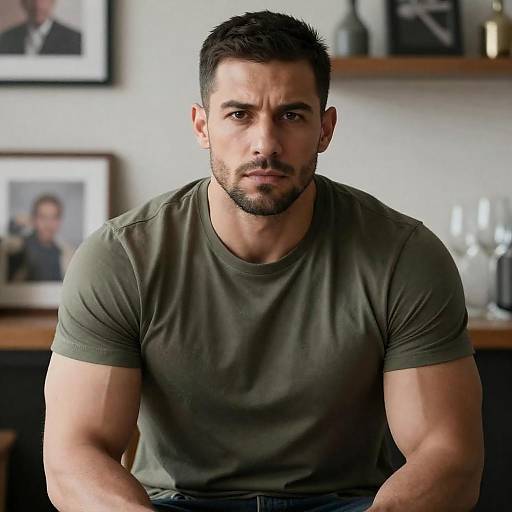 Focused Muscular Man in Olive T-Shirt