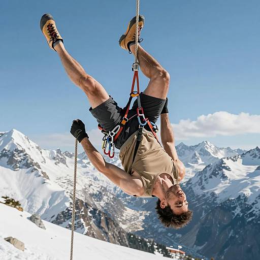 Dynamic Climber Against Snowy Peaks