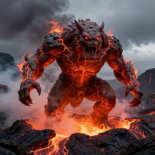 Digital art of a glowing, muscular, fiery demon with sharp horns, glowing red eyes, and cracked, lava-filled skin, emerging from a blazing,