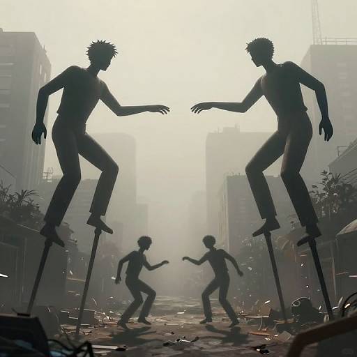 Silhouetted digital artwork of four people on crutches, floating in an urban, dystopian alley with tall buildings and debris.