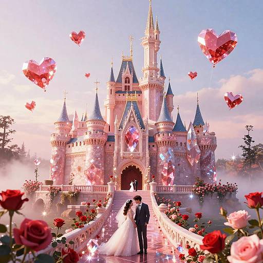 Photograph of a romantic fairy-tale castle wedding scene with a bride in a white gown and groom in a black suit, surrounded by red roses,