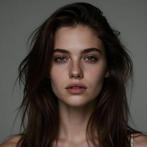 Photograph of a young woman with long, messy dark brown hair, light skin, green eyes, and full lips, against a plain gray background.