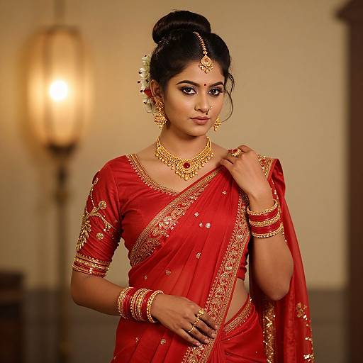 Photograph of an elegant Indian woman in a red saree with gold embroidery, wearing elaborate gold jewelry, including a maang tikka and chandelier