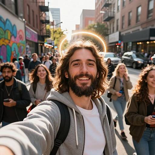 Photograph of a bearded, long-haired man with a glowing halo, smiling and taking a selfie in a bustling urban street.