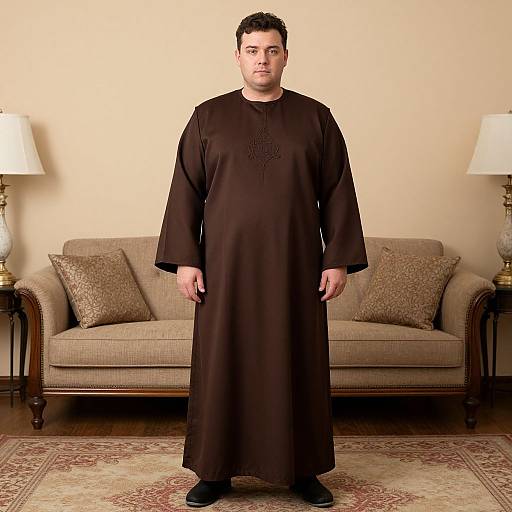 Photograph of a heavyset man with short black hair, wearing a long black traditional robe, standing in front of a beige sofa with patterned pillows