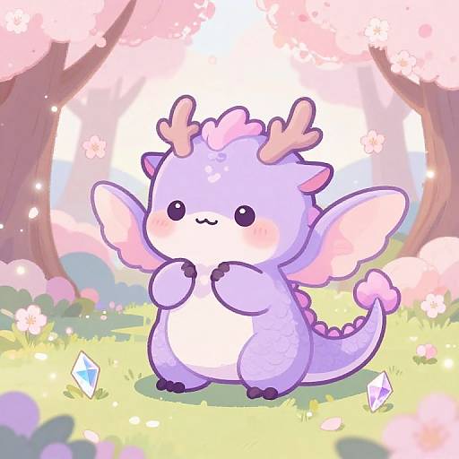 Pastel-colored, adorable chibi dragon with pink horns and wings, standing on grassy field with cherry blossoms and crystals, cute and blushing