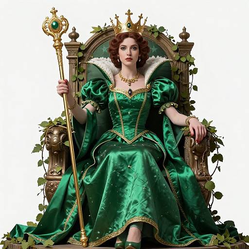Digital artwork of a regal woman with red hair, wearing a green satin gown, gold crown, and holding a scepter, seated on an orn