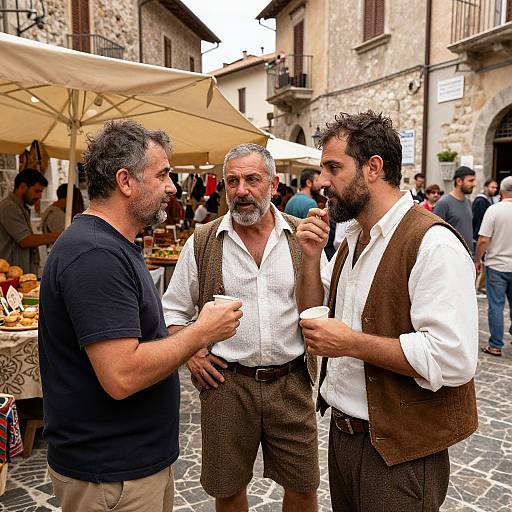Three middle-aged men conversing at a bustling outdoor market in a stone-walled European town, wearing white shirts and brown vests.