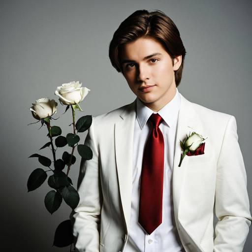 Young man in white suit with red tie holding white roses