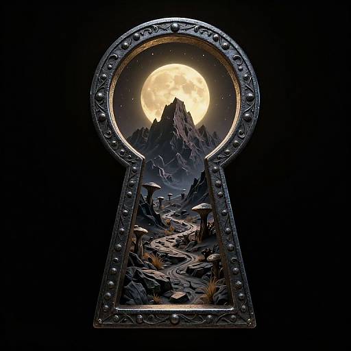 Digital artwork of a silver keyhole revealing a moonlit, mountainous landscape with a winding path and jagged peaks against a dark sky.
