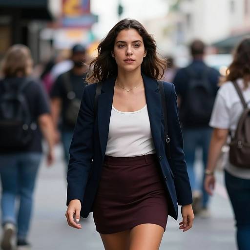 Photograph of a confident young woman with medium-length dark hair, wearing a black blazer, white tank top, and brown skirt, walking in a