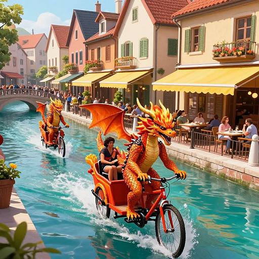 Photorealistic digital artwork of two people riding dragon-shaped pedal boats on a bright, turquoise canal in a quaint European town with yellow awnings and people