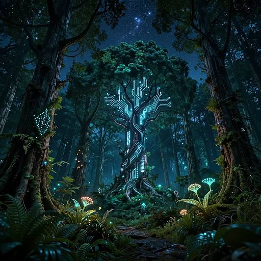 Cybernetic Forest with Glowing Flora