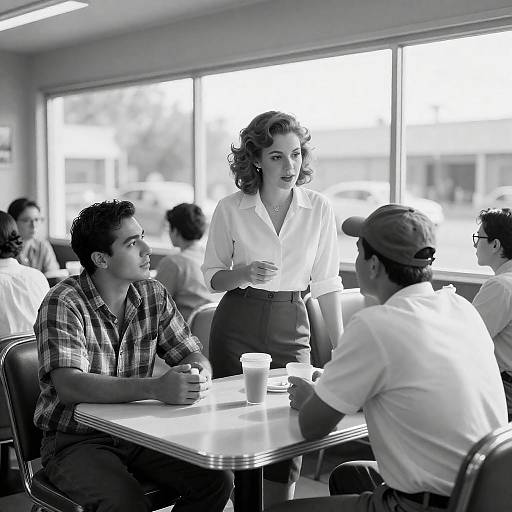 Sunlit Retro Diner Conversation in Monochrome