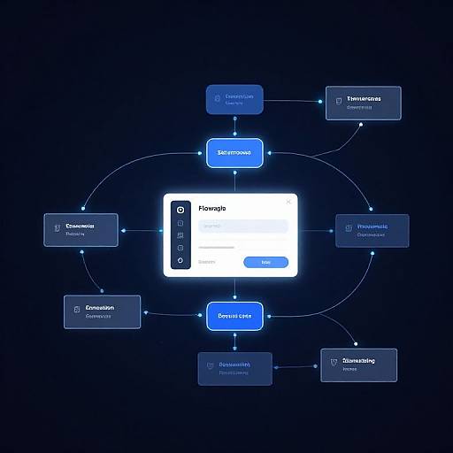 Digital flowchart diagram with blue and white elements, showcasing a software workflow with labeled steps connected by lines against a dark blue background.