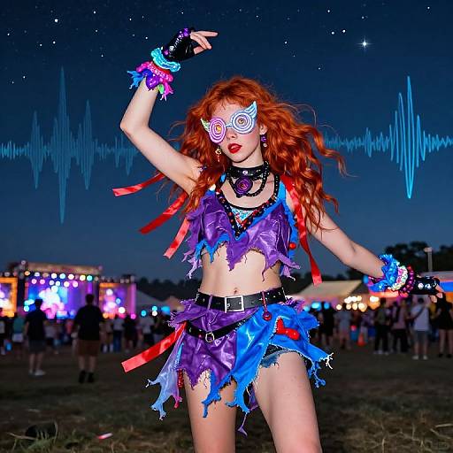Photograph of a red-haired woman in a vibrant, neon mask, torn purple and blue costume, performing at a nighttime outdoor festival with glowing wave patterns