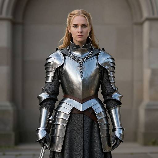 Photograph of a blonde woman in medieval-style silver armor with a chainmail tunic, standing in front of a stone archway.