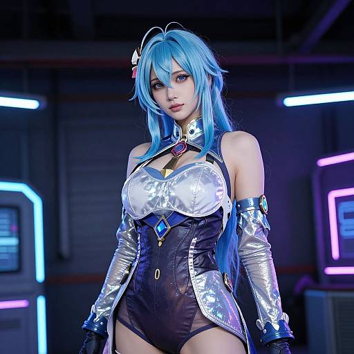 Photograph of a blue-haired cosplayer in a shiny silver and black sci-fi outfit with large breasts, neon-lit futuristic background, and glowing accents