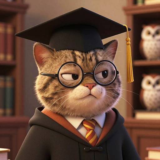 Animated Cat Scholar in Academic Cap and Gown