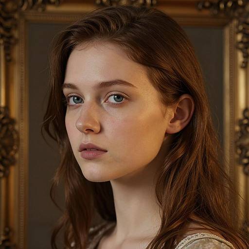 Photograph of a young woman with fair skin, blue eyes, and long brown hair, framed by an ornate gold picture frame. She gazes