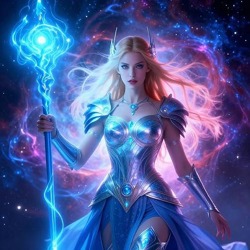 Digital fantasy artwork: Blonde sorceress with glowing blue magic staff, silver armor, and flowing pink and blue hair, set against a starry cosmos
