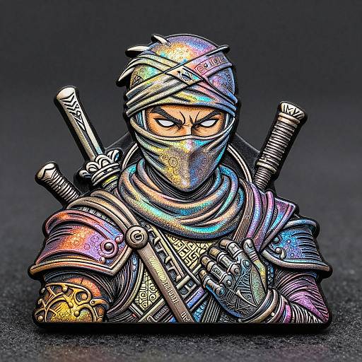Digital artwork of a fierce, armored ninja with glowing, multicolored armor, crossed swords, and a determined expression, set against a dark background.