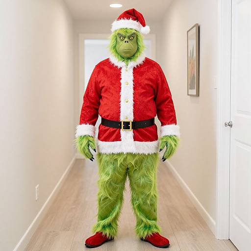 Photograph of a green-furred, humanoid creature in a red Santa outfit with white fur trim, black belt, and red shoes, standing in a