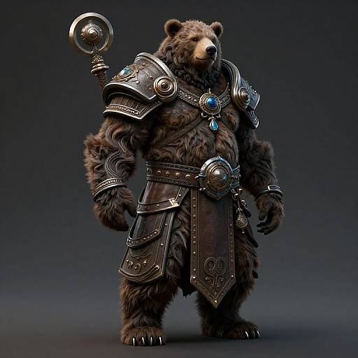 CGI image of a muscular, anthropomorphic bear in detailed, silver fantasy armor with blue gemstones, holding a large, ornate staff, standing