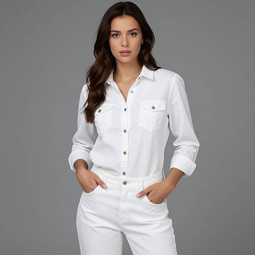 Photograph of a woman with long dark hair wearing a white button-up shirt and pants, hands in pockets, against a gray background.