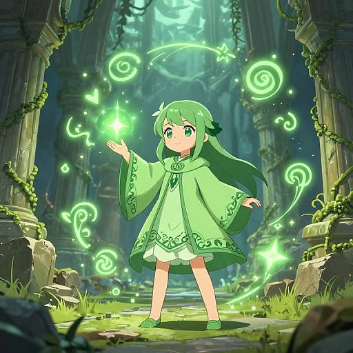 Anime-style drawing of a green-haired girl in a green robe, casting glowing green magic in an ancient, overgrown ruin.