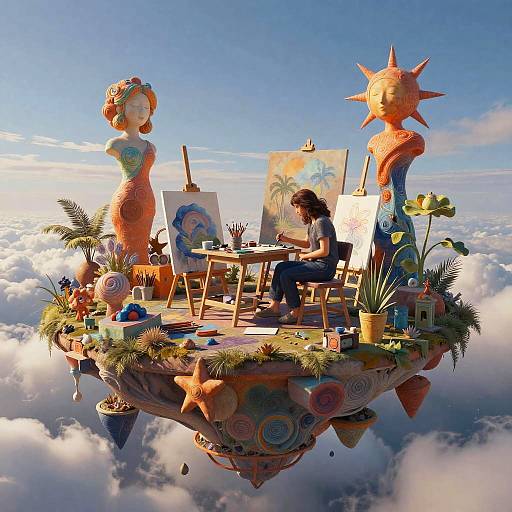 Digital art of a floating island with a painter, two colorful statues, paintings, flowers, and clouds in a bright sky.