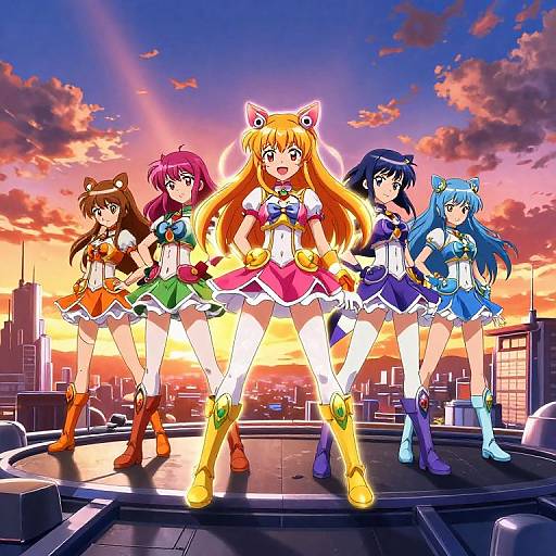 Digital anime-style artwork of five magical girl characters in colorful outfits standing on a rooftop at sunset, with a cityscape backdrop.